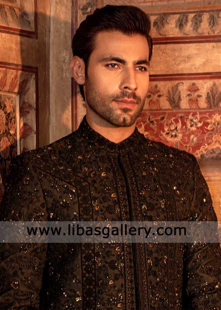 Black Floral pattern Hand Embroidered Groom Sherwani